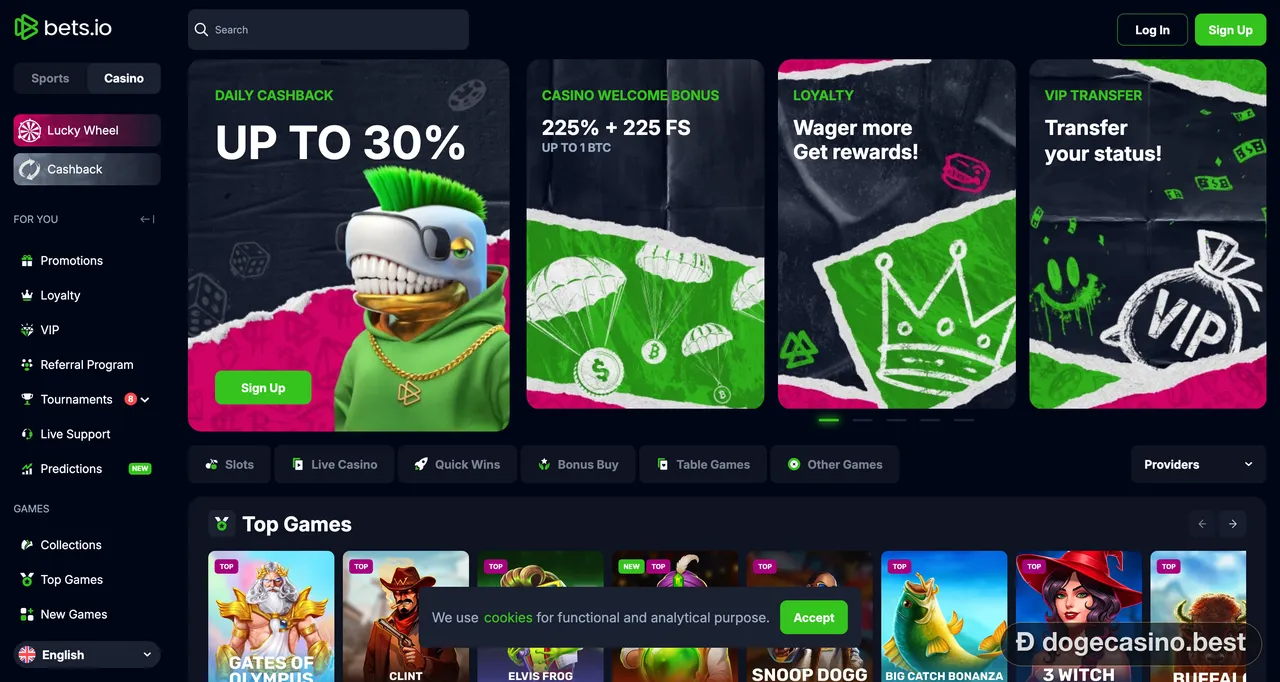 Bets.io casino homepage with the 225% plus 225 free spins welcome bonus banner