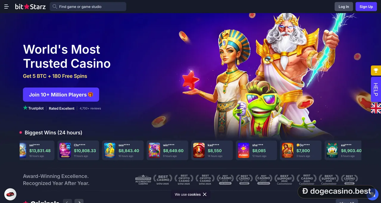 BitStarz casino homepage with the headline offer of 5 BTC and 180 free spins