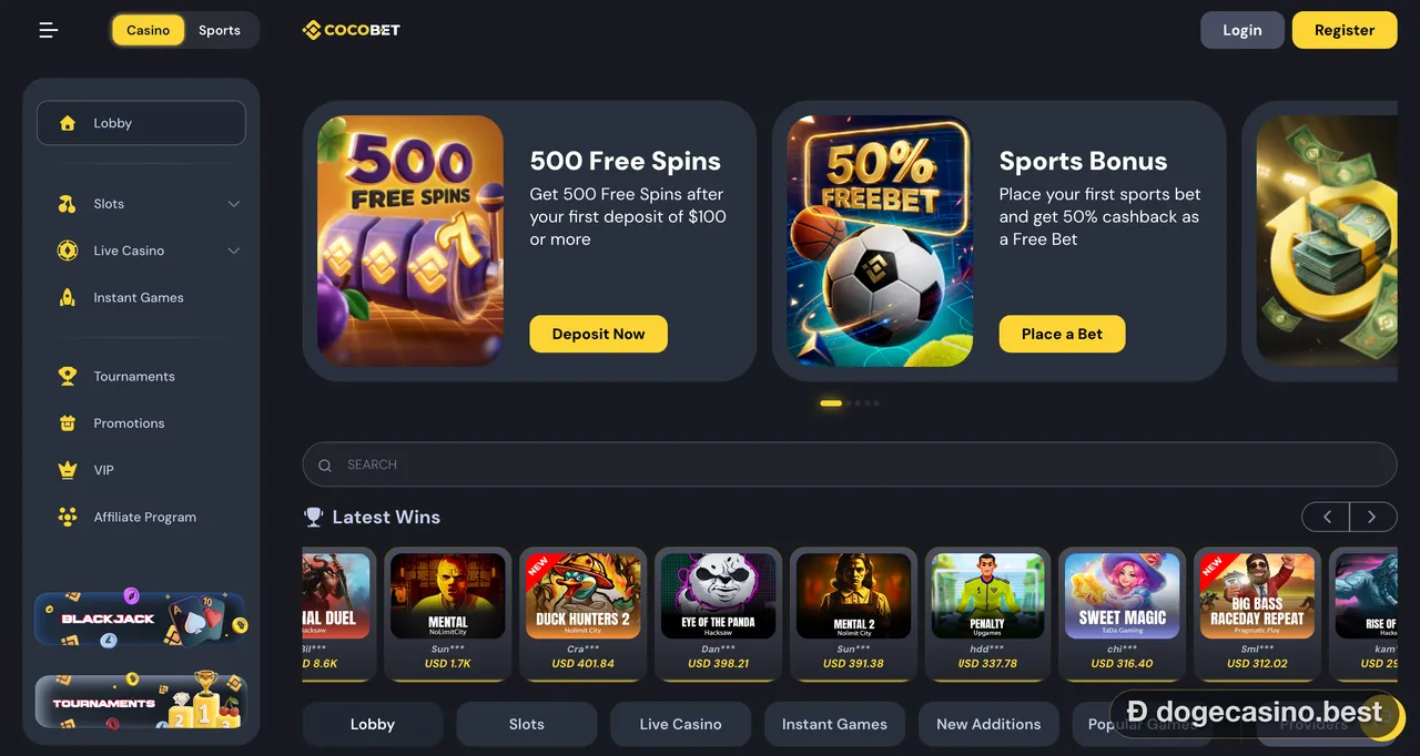 Cocobet casino homepage with a 500 free spins banner and a sports freebet banner