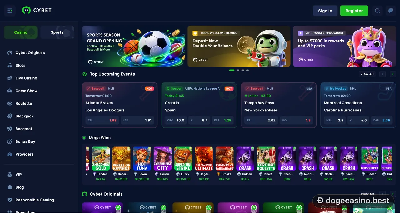 Cybet casino homepage with a 100% welcome bonus banner and upcoming sports events
