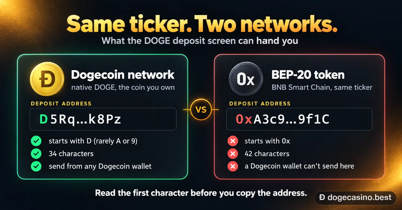 Two DOGE deposit addresses side by side: a native Dogecoin address starting with D and a BEP-20 address starting with 0x