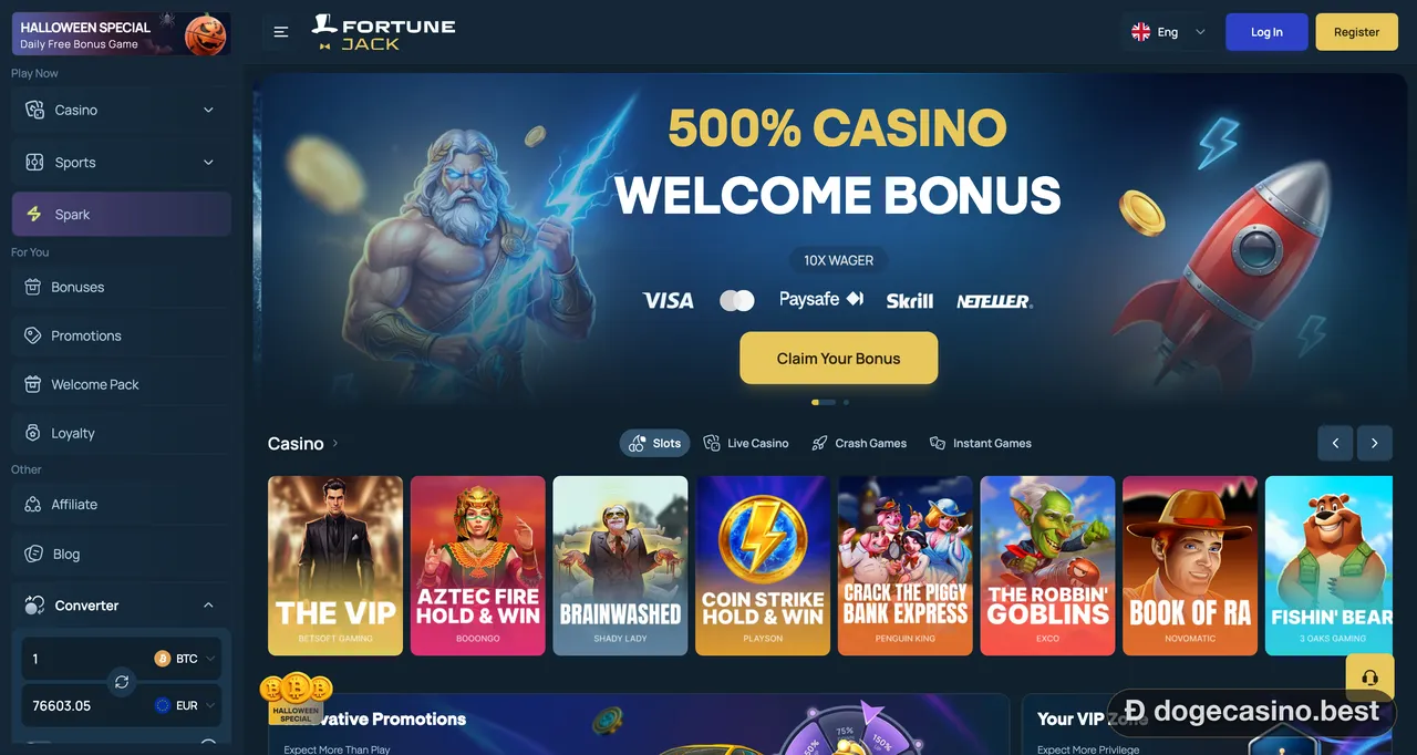 FortuneJack casino homepage with a 500% casino welcome bonus banner at 10x wager