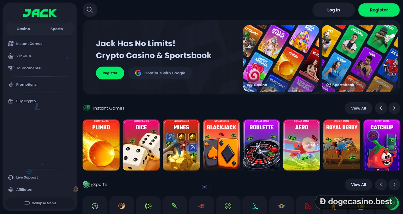 Jack casino homepage with the Crypto Casino and Sportsbook banner and instant games row