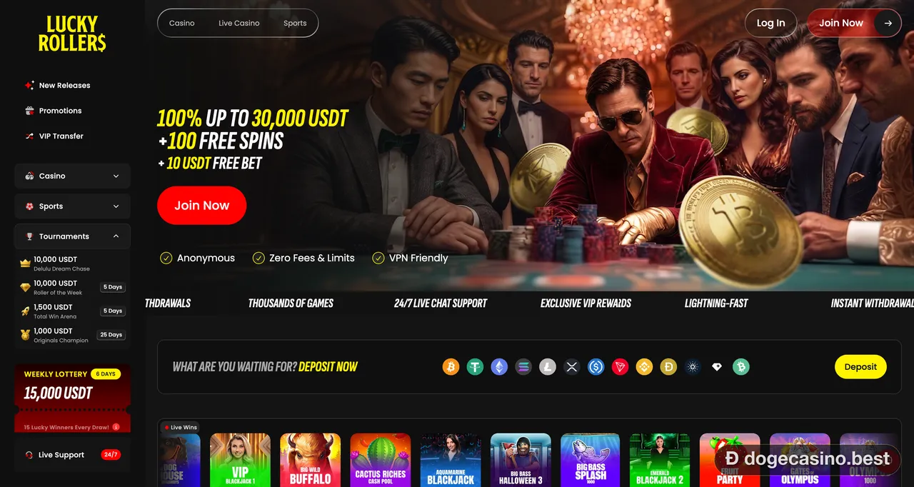 Lucky Rollers casino homepage with a 100% up to 30,000 USDT welcome offer