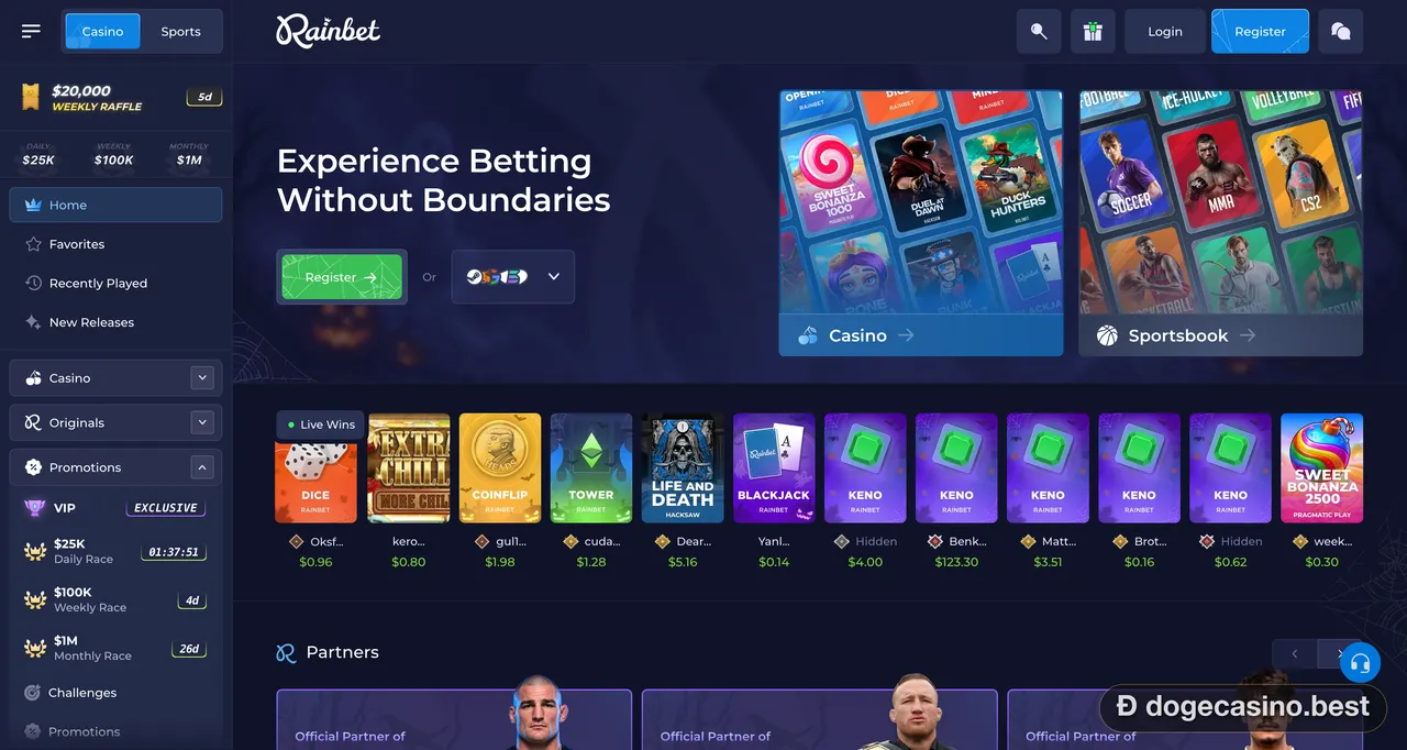 Rainbet casino homepage with race and raffle promotions and a live wins row