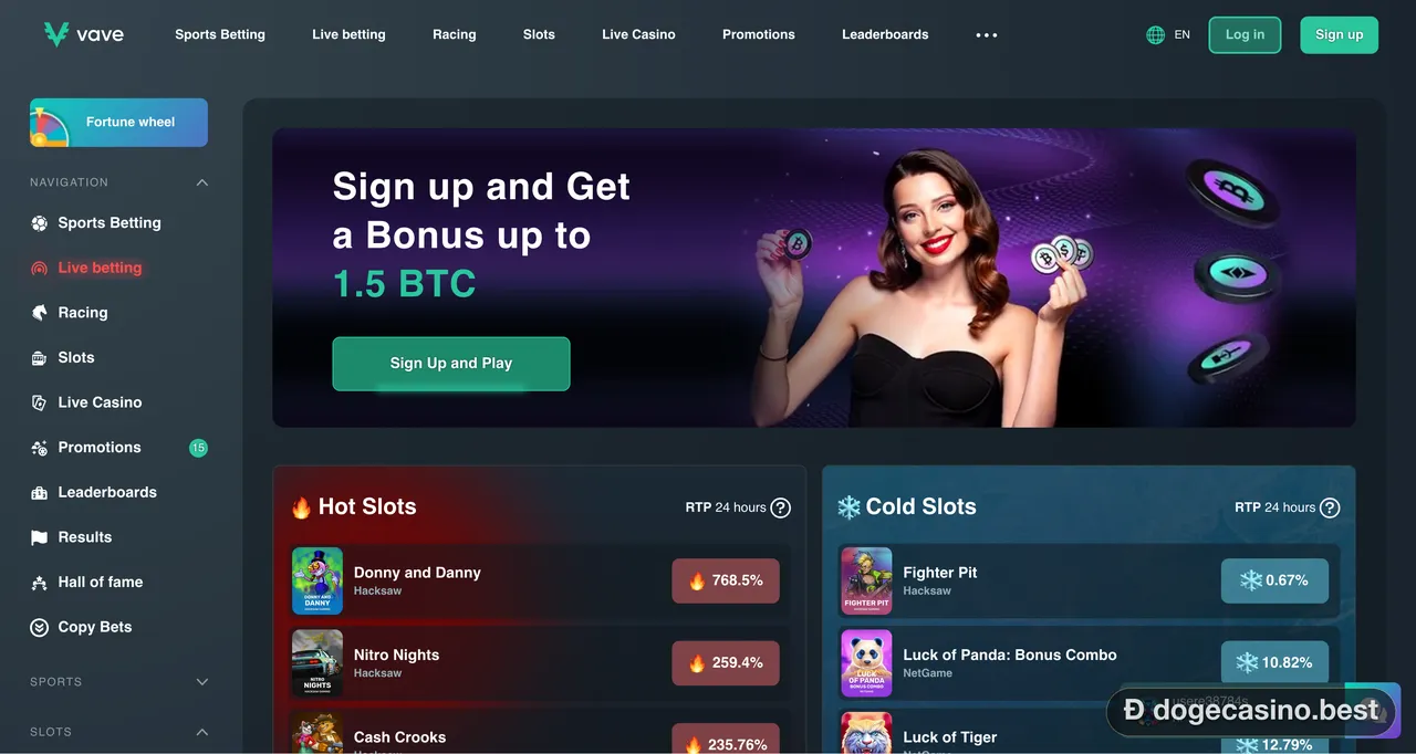 Vave casino homepage with a sign-up bonus banner of up to 1.5 BTC