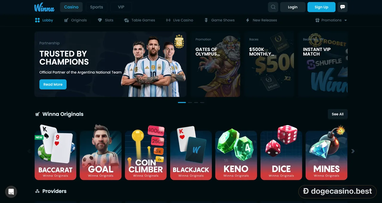 Winna casino homepage with partnership and race banners and Winna Originals games